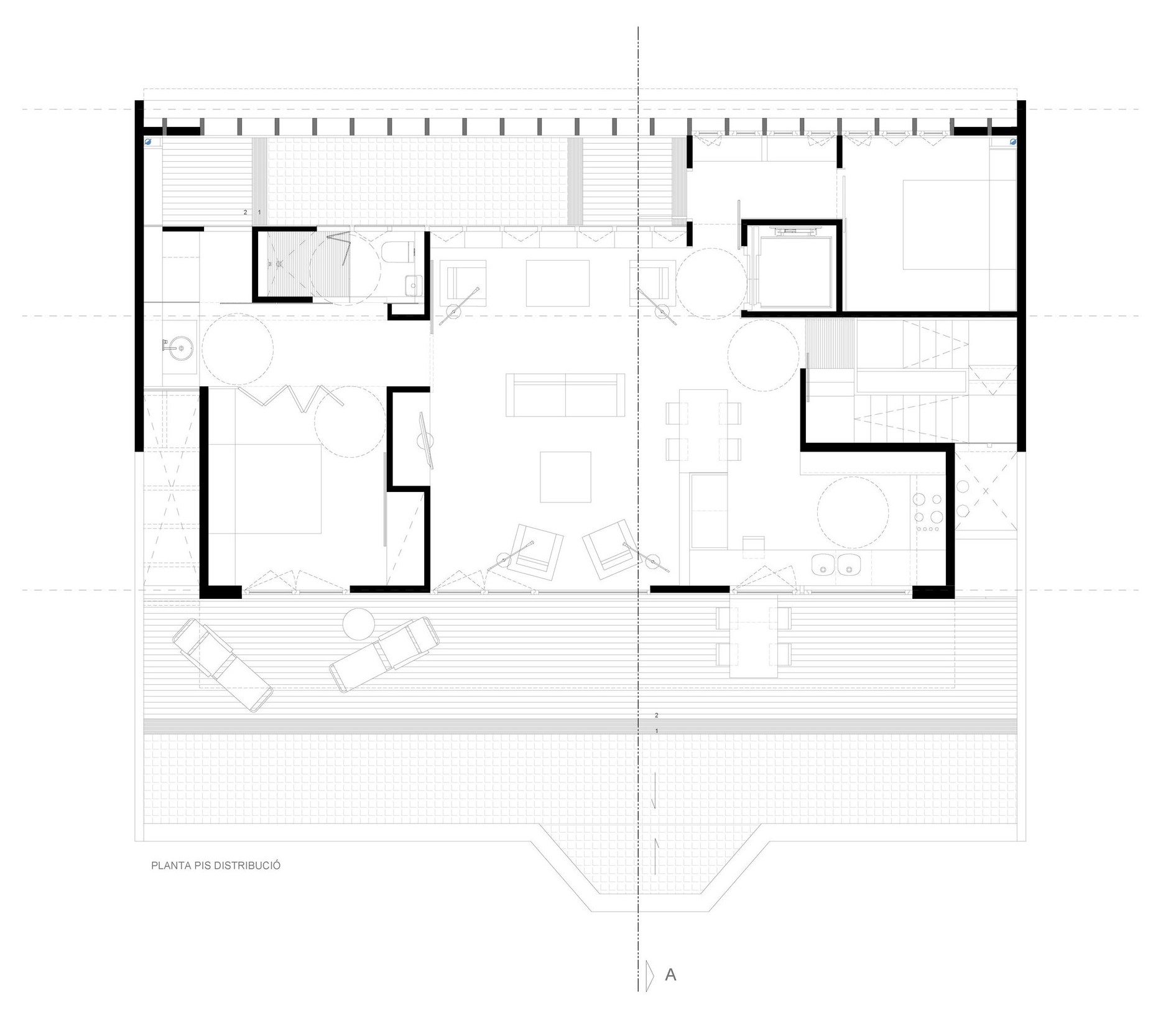 Planta de distribución de proyecto de remonta en edificio unifamiliar, Barcelona. Diseño de estudigaau arquitectes